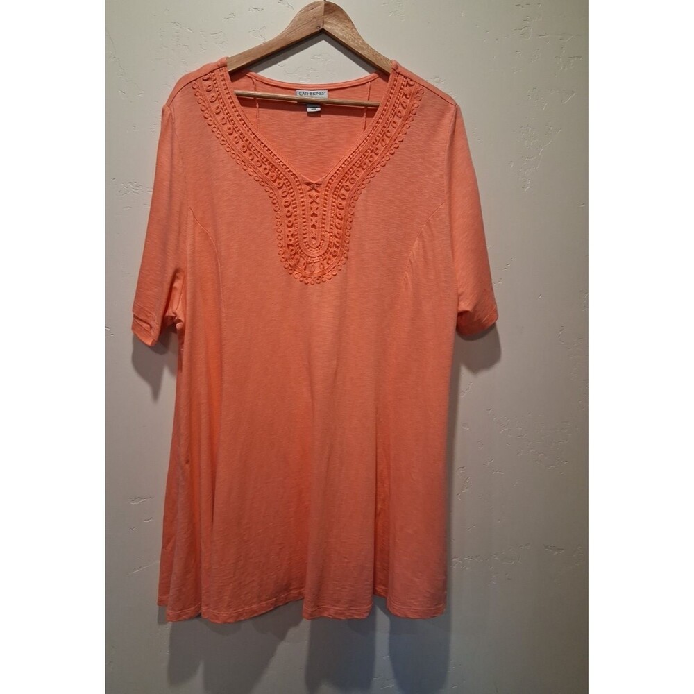 Catherines Women’s 2X Plus Coral‎ Short Sleeve Embroidered V-Neck Tunic Top Boho